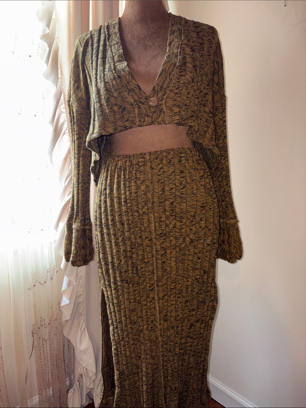 Free People Beach Olive/Brown Ribbed Top & Skirt Set